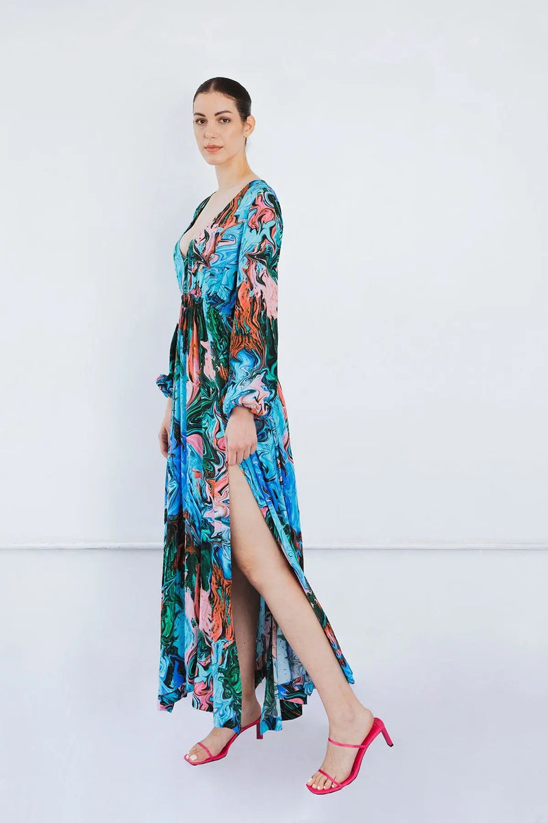 Long V Neck Dress in Paint Swirl Print LOVE HERO SUSTAINABLE FASHION