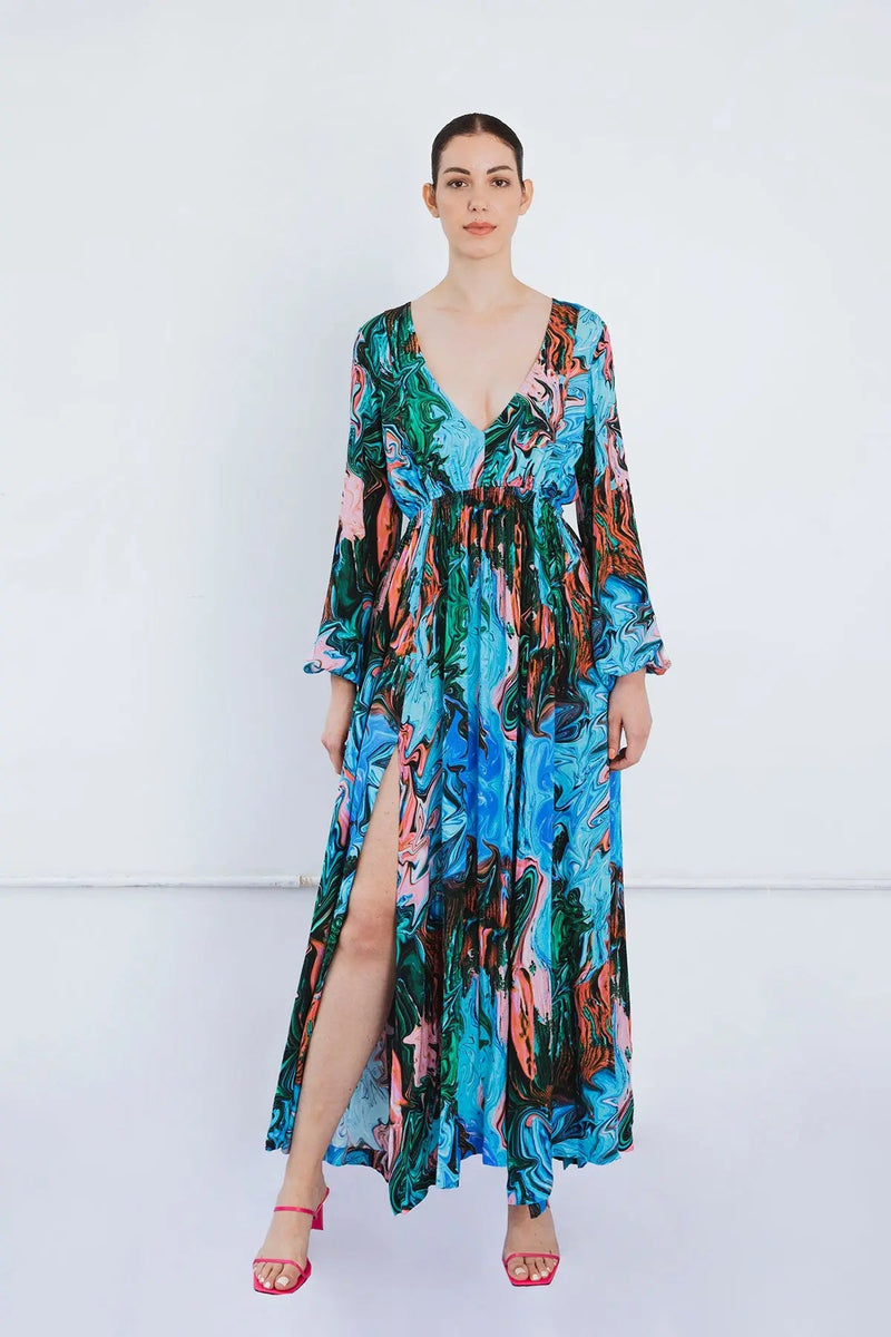 Long V Neck Dress in Paint Swirl Print LOVE HERO SUSTAINABLE FASHION