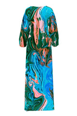 Long V Neck Dress in Paint Swirl Print LOVE HERO SUSTAINABLE FASHION