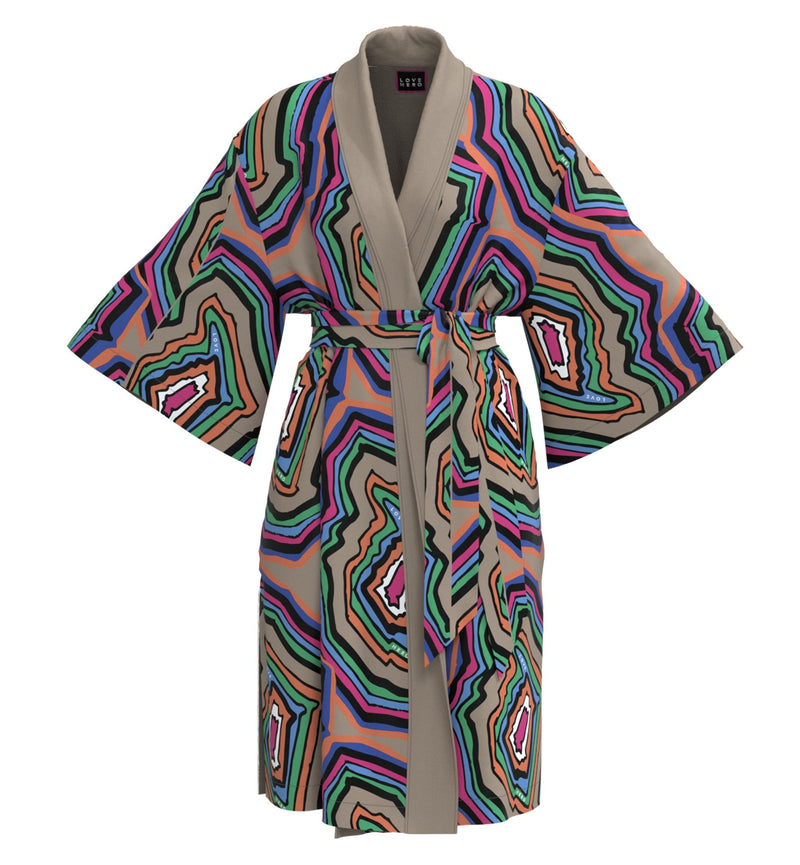 Love Hero Printed Kimono in Concentric Beige