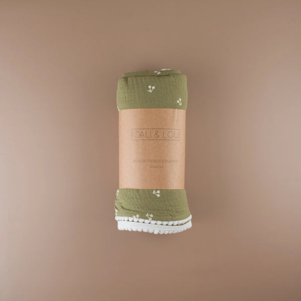 Moss Green Cherry Muslin Swaddle Blanket