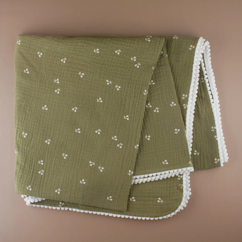 Moss Green Cherry Muslin Swaddle Blanket