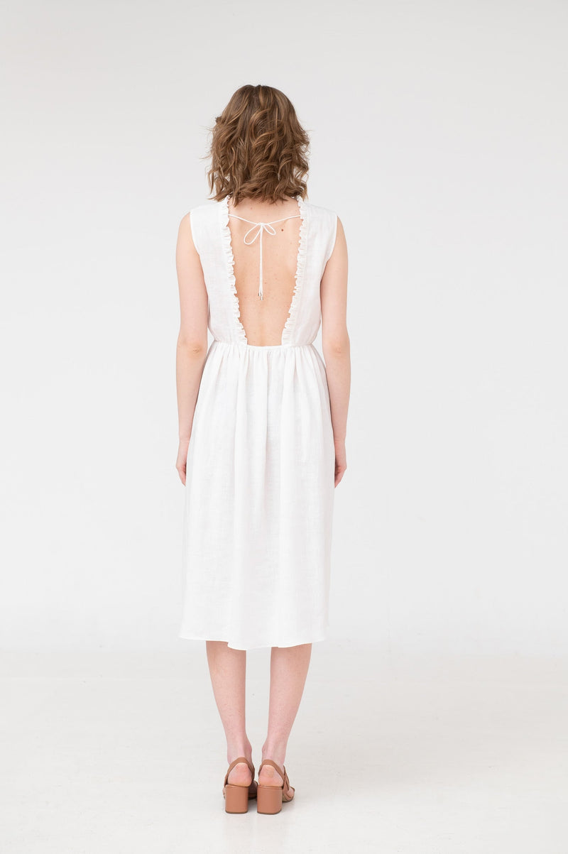 Mabel – Ruffled Open Back Linen Midi Dress