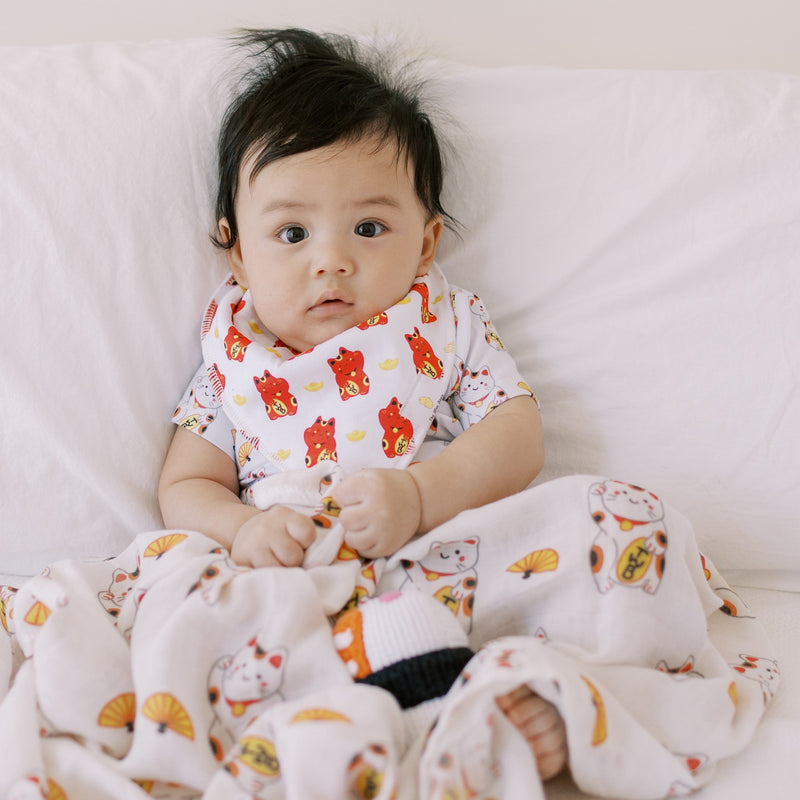 Organic Cotton Bandana Bibs 2pcs Set - Fortune Lucky Cat Maneki Neko