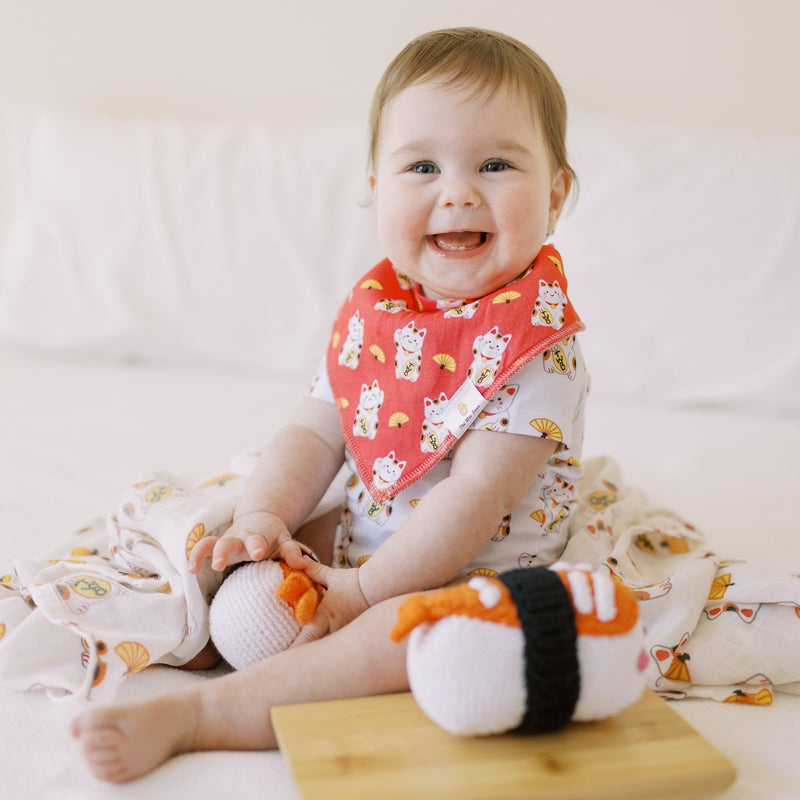 Organic Cotton Bandana Bibs 2pcs Set - Fortune Lucky Cat Maneki Neko