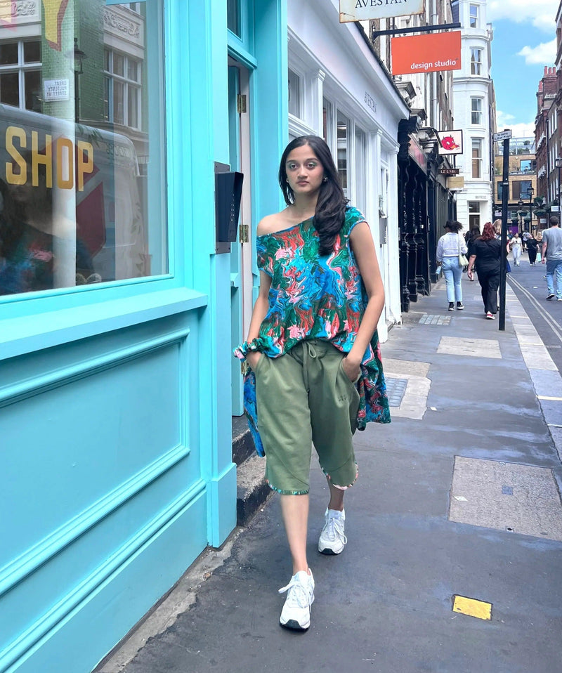 Upcycled - Jogger Shorts in Moss Green with Paint Stroke