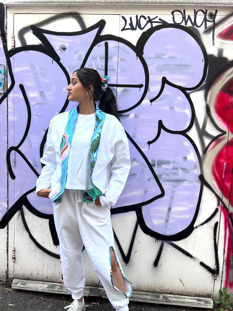 Upcycled - Sweatshirt Cardigan in White with Paint Stroke Collar